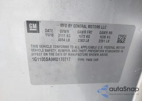 2017 Chevrolet Impala 1Lt from USA, damaged, VIN 1G1105SA9HU170717